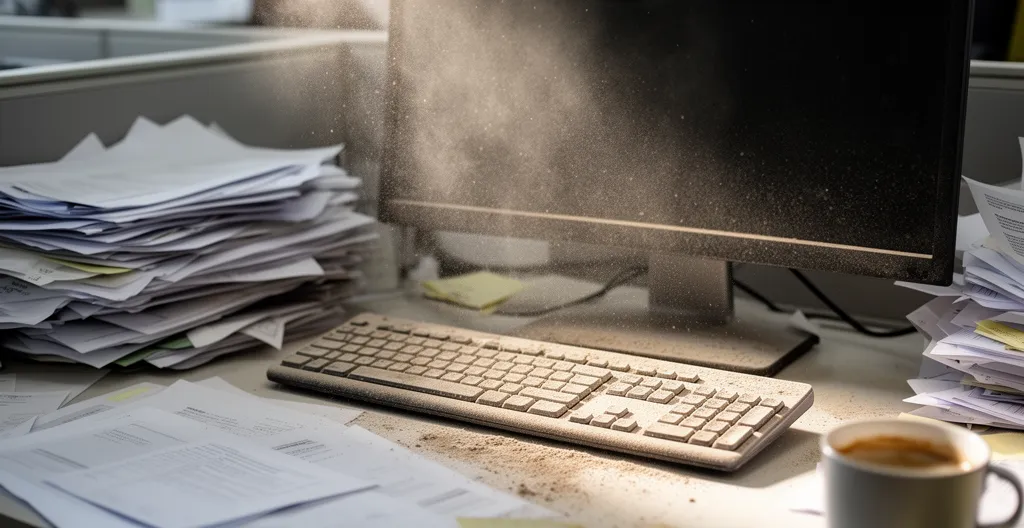 Dusty office keyboard and desk showing workplace hygiene issues