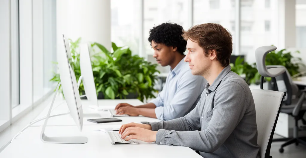Two colleagues working productively in clean modern Ontario office