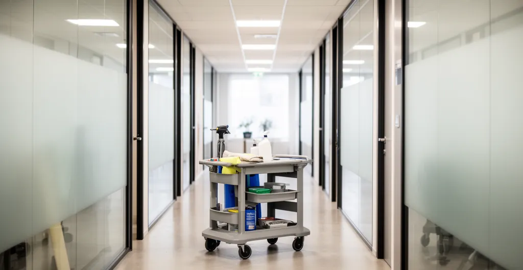 Commercial cleaning cart with professional supplies in office corridor